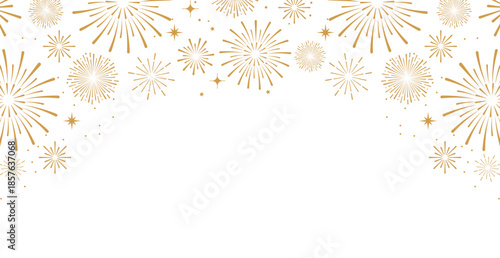 Elegant gold fireworks burst and sparkling stars on clean white background, festive celebration illustration for New Year, holiday party, greeting card, luxury event design, minimalist style vector.