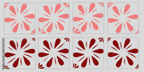 Eight-piece floral pattern bundle set for ceramics. Vector design featuring pink and red floral patterns.