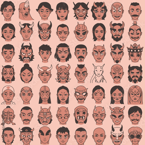 A grid of diverse stylized human faces with various expressions and fantastical elements like horns and masks, depicting a range of characters and mythical beings.