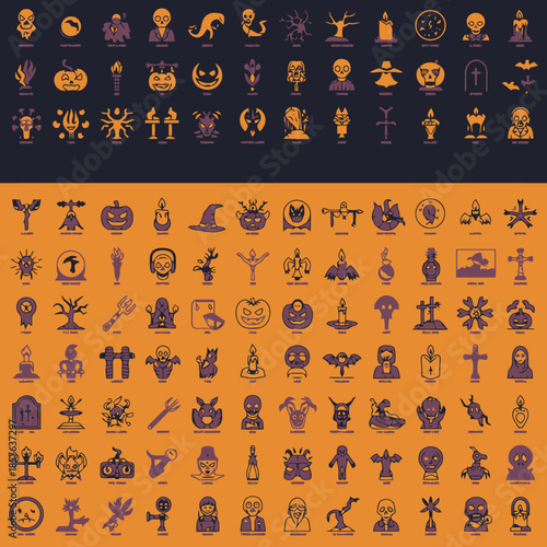 A comprehensive set of Halloween-themed vector icons and symbols for spooky celebrations.