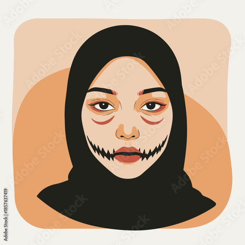 Illustration of a woman in a black hijab with spooky Halloween makeup, featuring dark circles and a stitched mouth.