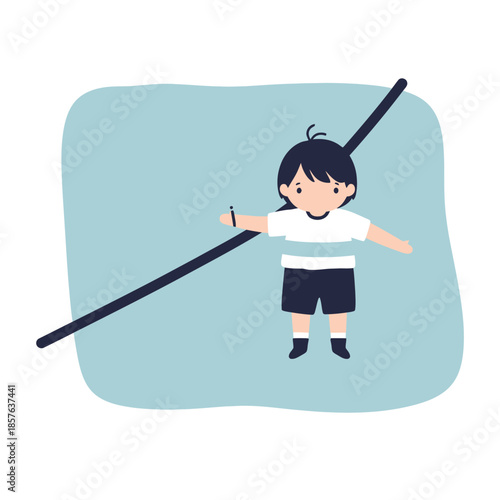 Simple cartoon illustration of a young child balancing on a black line with a pole, symbolizing equilibrium and focus.