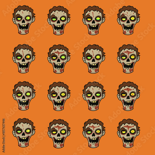 A repeating pattern of cartoon zombie heads with green eyes and decaying features on a vibrant orange background.