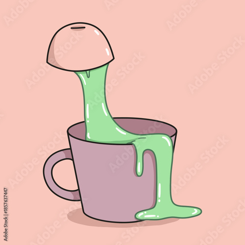 Green slime pouring from an inverted bowl into a purple mug and overflowing onto a pink background.