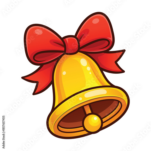 Cartoon Christmas Bell Illustration, Golden Jingle Bell with Red Ribbon