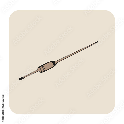 Close-up illustration of a small electronic component, possibly a diode or resistor, with leads extending from a central cylindrical body.