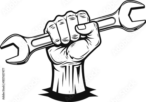 A hand holding a large adjustable wrench in a powerful grip emerging from ground