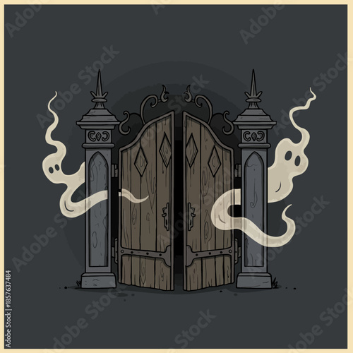 A spooky, old wooden gate with ornate stone pillars and two ghostly figures emerging from behind them.