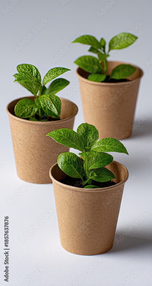 Fototapeta premium Three sprouts in brown paper pots on white