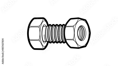 Black and White Bolt and Nut Illustration.
