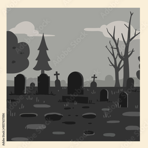 Grayscale illustration of a spooky graveyard with various tombstones, bare trees, and a dark, cloudy sky.