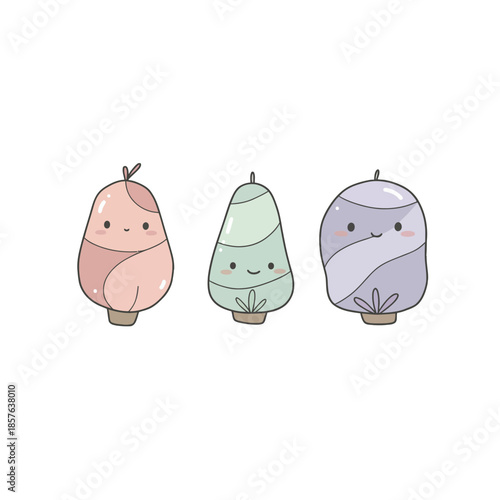 Three adorable cartoon stylized plants or fruits with happy faces and swirl patterns, in pastel colors.