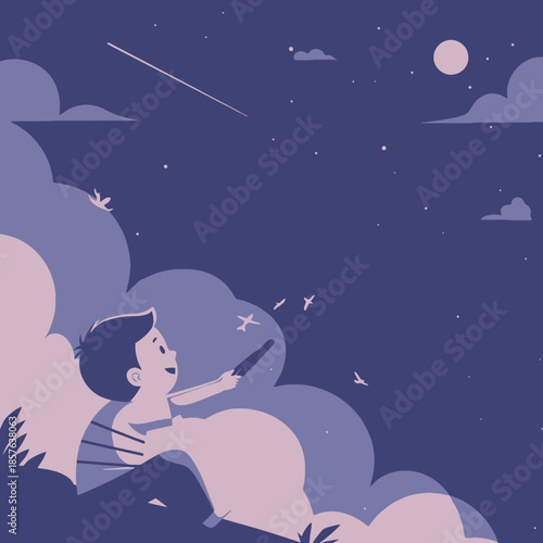 A young boy sitting on a cloud, looking up at the night sky filled with stars, a moon, and a shooting star, with airplanes and birds flying.