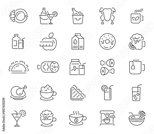 Food and drinks icons set. line, editable line icons for culinary, beverage design