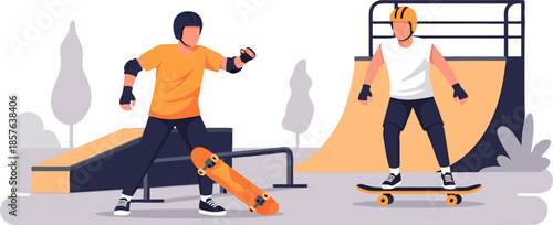 Skateboarders practicing tricks at a skatepark with ramps