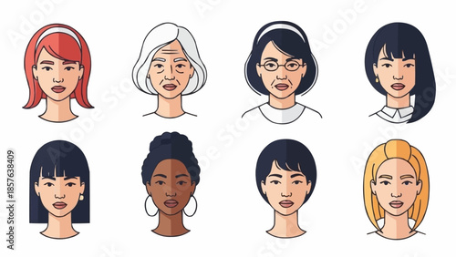 Diverse group of women faces illustration different ethnicities and ages.