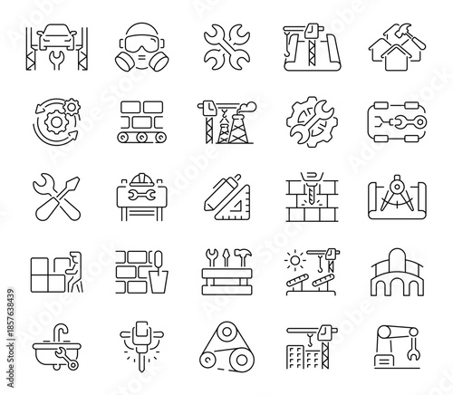 Industry icons set. editable line icons, linear, outline, machinery and tools