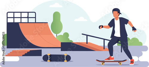 Skater performing tricks at a colorful skatepark with ramps and rails