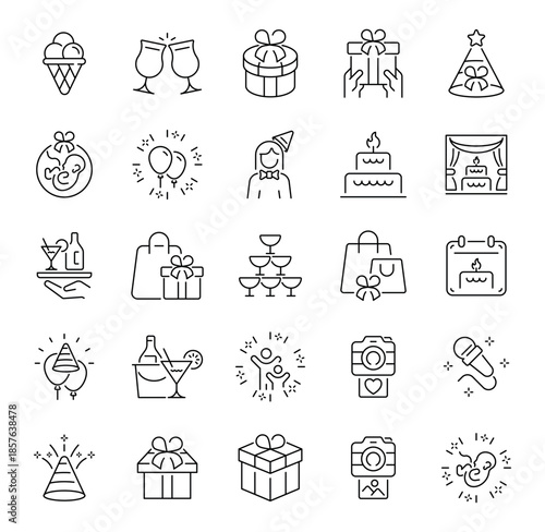 Birthday celebration icons set. editable line icons, outline, party and gift symbols