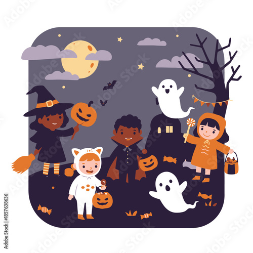 Diverse children in Halloween costumes trick-or-treating at night with ghosts and a full moon.
