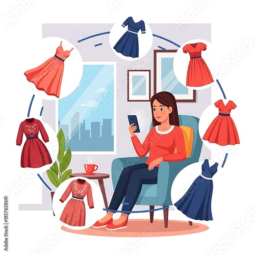 A woman browses dresses on her phone while seated in a comfy chair in a cozy living room, surrounded by dress options