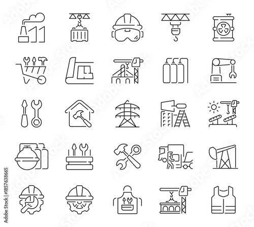 Factory and industry icons set. line, editable line icons, manufacturing and engineering