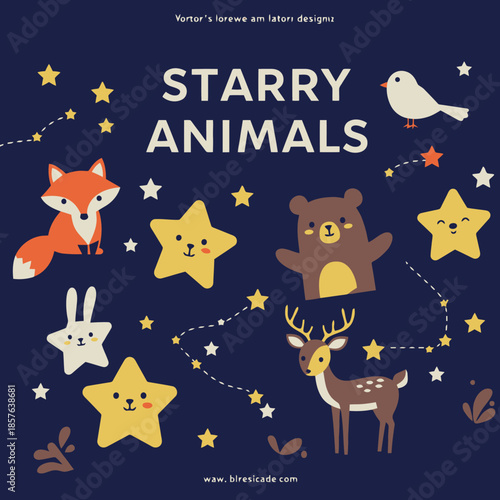 Cute cartoon starry animals illustration with fox, bear, deer, rabbit, and bird on a dark blue background with yellow stars and constellations.