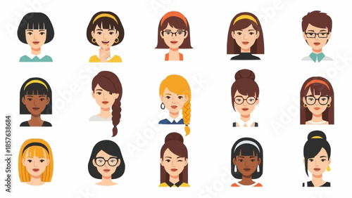 Diverse collection of womens portraits in vector art style.