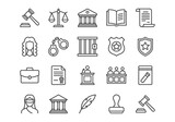 A set of 20 black line icons on law and justice. The collection includes symbols like a gavel, scales, courthouse, judge, and more, rendered in a clean, minimalist style.