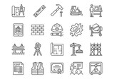 Construction and architecture line icons set. Black outline vector pictograms of building tools, engineering, and planning on white background.