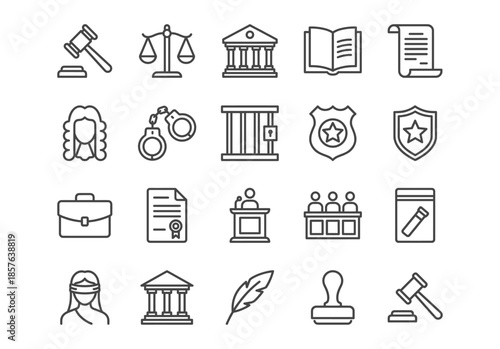 A set of 20 black line icons on law and justice. The collection includes symbols like a gavel, scales, courthouse, judge, and more, rendered in a clean, minimalist style.