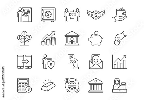 Set of 20 black line vector icons related to finance, money, banking, and investment. Simple, clear outlines on a white background, perfect for business and web design.