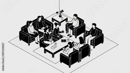 Diverse group of people in a modern meeting room discussing ideas.