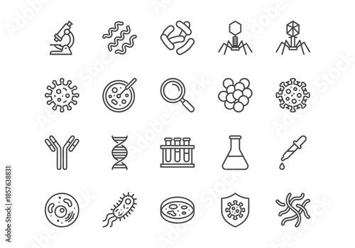 Microbiology and biology line icon set. Vector collection of laboratory equipment, viruses, bacteria, DNA, cells, and science symbols. Black outline isolated on a white background.