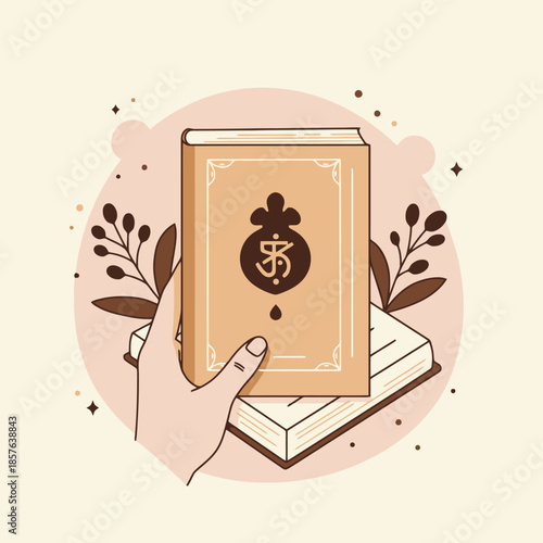 Stylized illustration of a hand holding a book featuring a spiritual symbol, with an open book below and foliage.