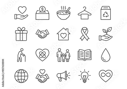 Set of 20 charity and donation line icons. Vector illustration collection includes symbols of helping hand, heart, fundraising, and volunteering. Minimalist black stroke style on white.