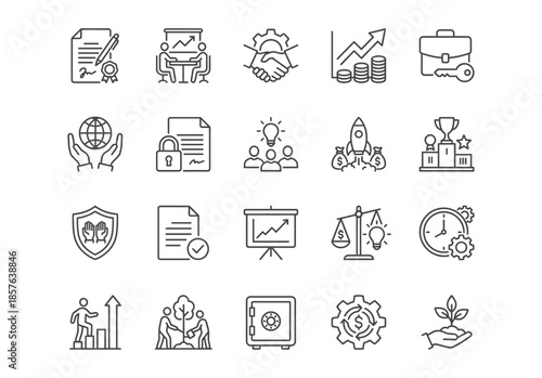 Business and finance line icon set. Vector symbols for partnership, collaboration, success, money, and contract. Clean outline style.