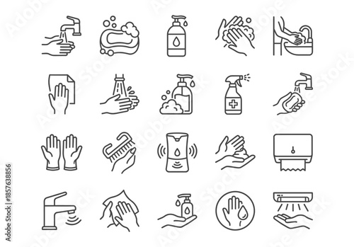 Set of 20 line icons for hand hygiene, washing, sanitation, soap, gloves, and dryers. Black outline vector illustration on white background.
