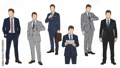 Group of diverse businessmen standing in suits on white background.