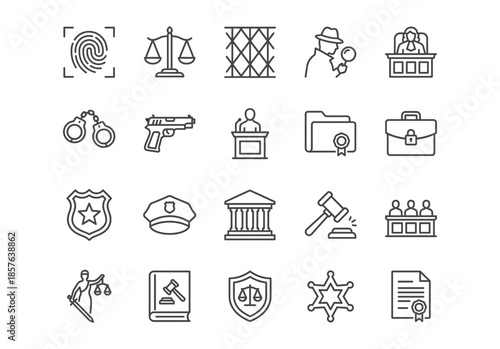 Set of 20 black line icons on law, justice, and police theme. Includes scales, gavel, handcuffs, and more. Minimalist vector design.