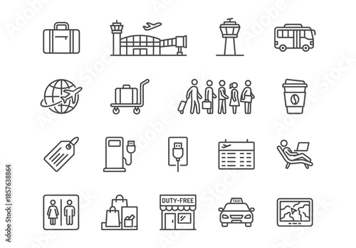 Airport and travel line icon set. Vector illustration of passenger services, transportation, terminal, luggage, and tourism symbols in black outline style.