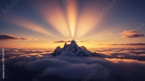 Majestic Mountain Peak Above Clouds at Sunrise with Sun Rays