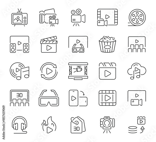 Cinema icons set. editable line icons. linear, film, movie theater graphics