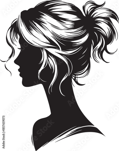 A stylish silhouette of a woman's profile showcasing a trendy butterfly haircut with voluminous, layered hair and a chic updo.