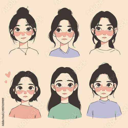 Six charming cartoon illustrations of young women with various hairstyles and rosy cheeks, showcasing different looks.
