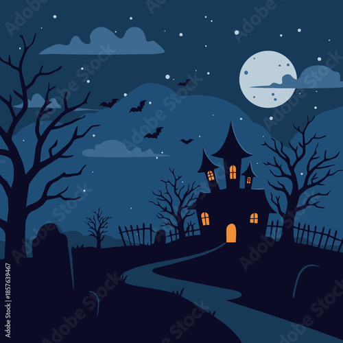 A spooky Halloween night scene with a haunted house, bare trees, bats, and a full moon over a graveyard.