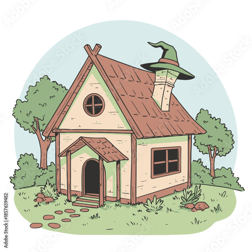 Whimsical cartoon illustration of a charming witch's house with a pointed hat chimney, surrounded by green trees and a stone path.
