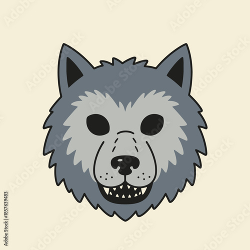 A cartoon illustration of a grey wolf head with sharp teeth and black eyes, depicted in a simple, flat style on a light background.