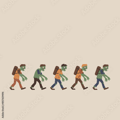 Five cartoon zombies with backpacks walking in a line on a plain background.