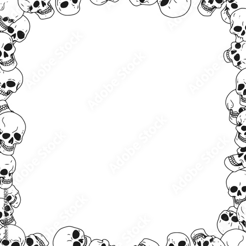 A black and white illustration of a border frame made entirely of various human skulls, creating a spooky and decorative edge.